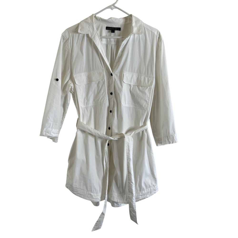 Lafayette‎ 148 New York Shirt Women's L White Belted Roll Tab Sleeve Minimalist